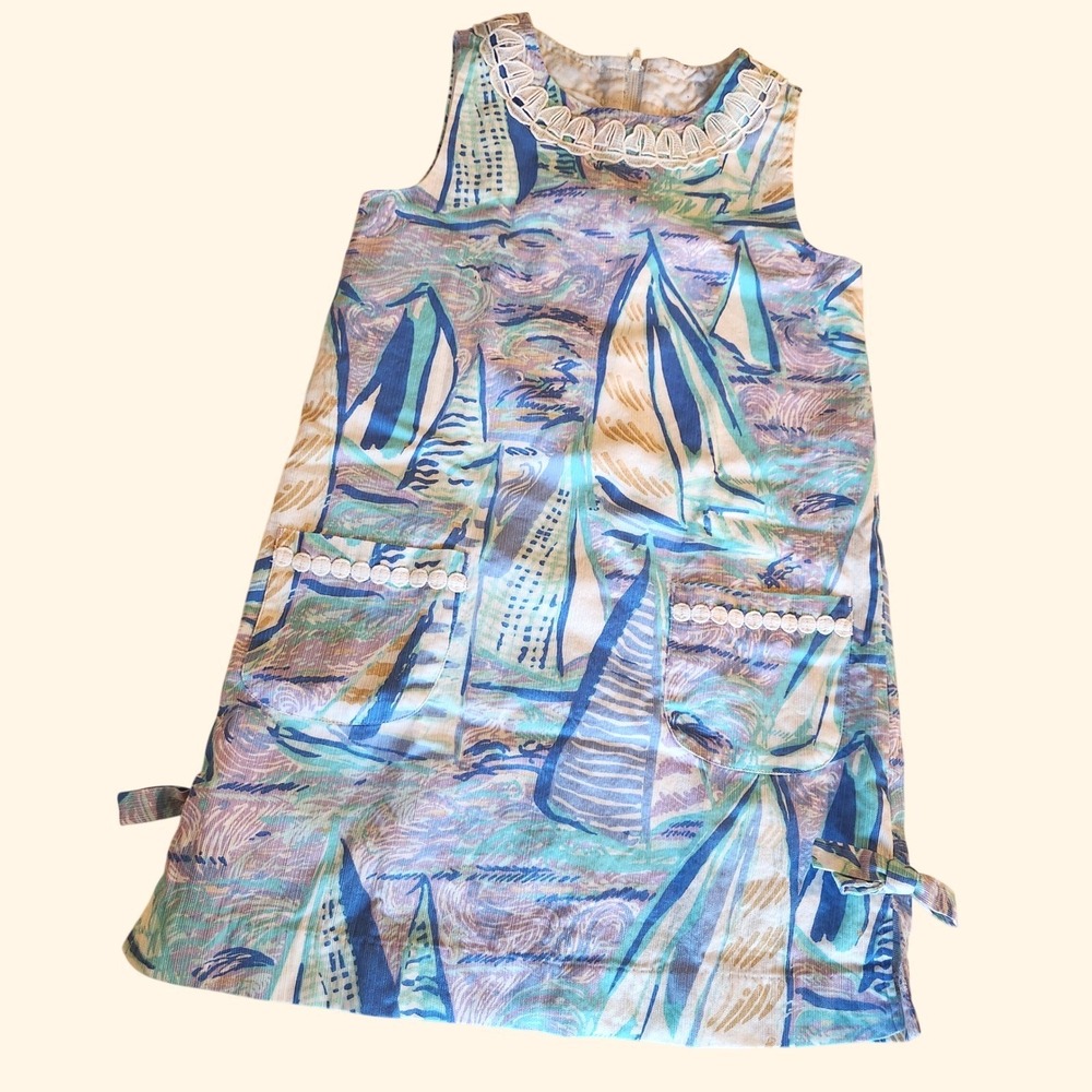 Lilly Pulitzer Girls Sailboat Print Shift Dress Blue Lace Trim Size 10
